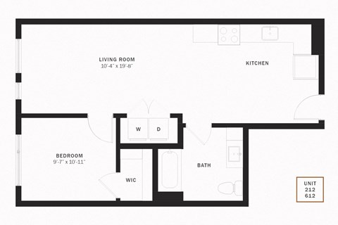 Floor plan for 1 bed, 1 bath, 671 sqft